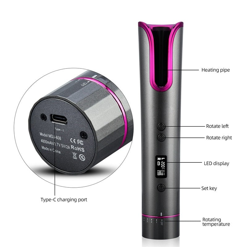 Automatic Hair Curler Ceramic Cordless Curling Iron Rechargeable Hair